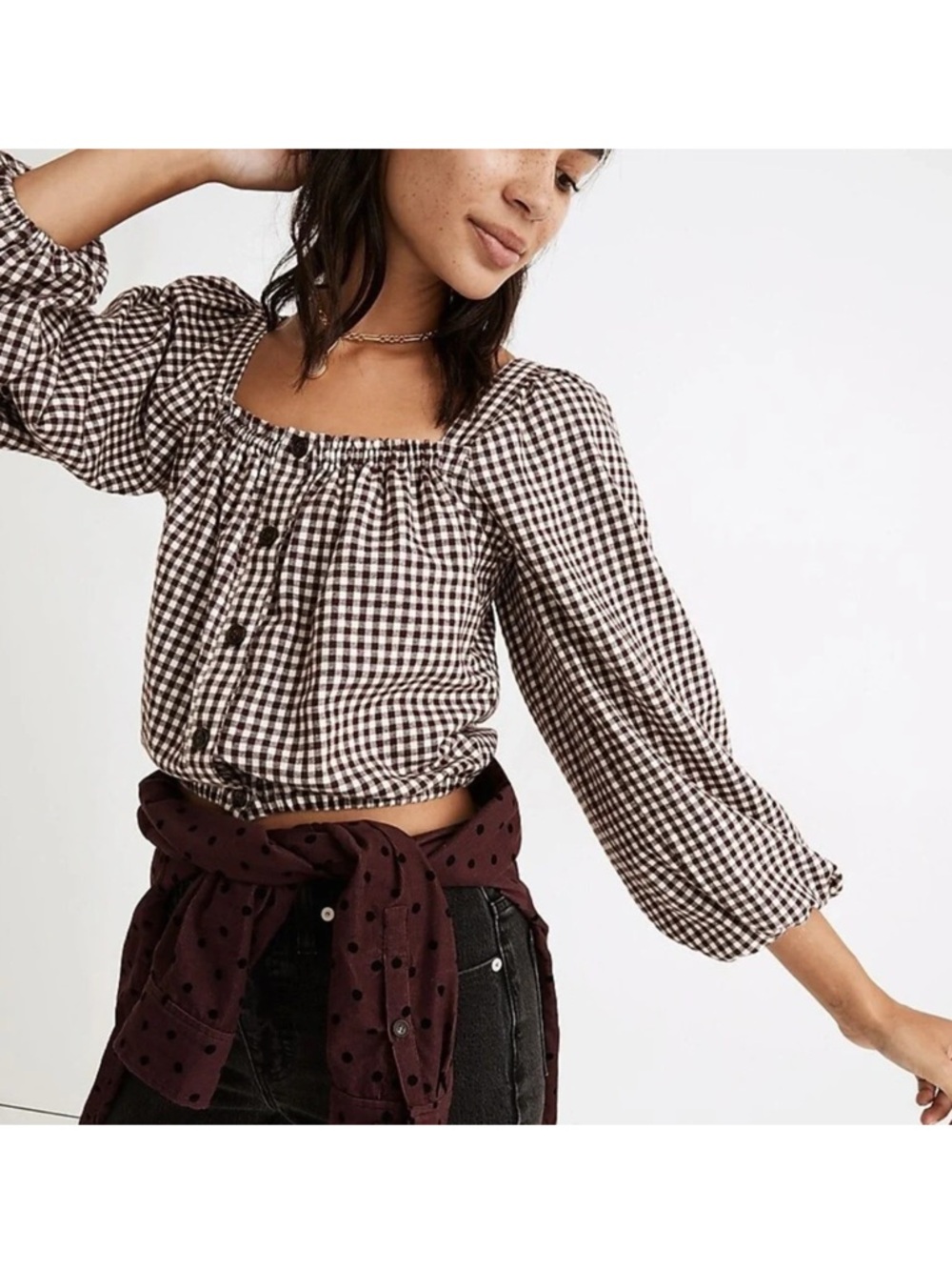 Madewell Brown Gingham Puff Sleeve Button Front Square-Neck Cropped Blouse